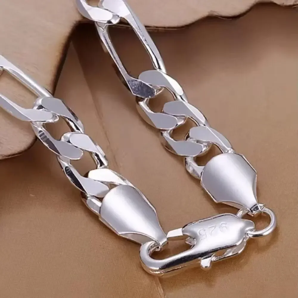 925 Silver Plated Bracelet Figaro 10mm Vintage Fashion Anniversary Birthday Gift